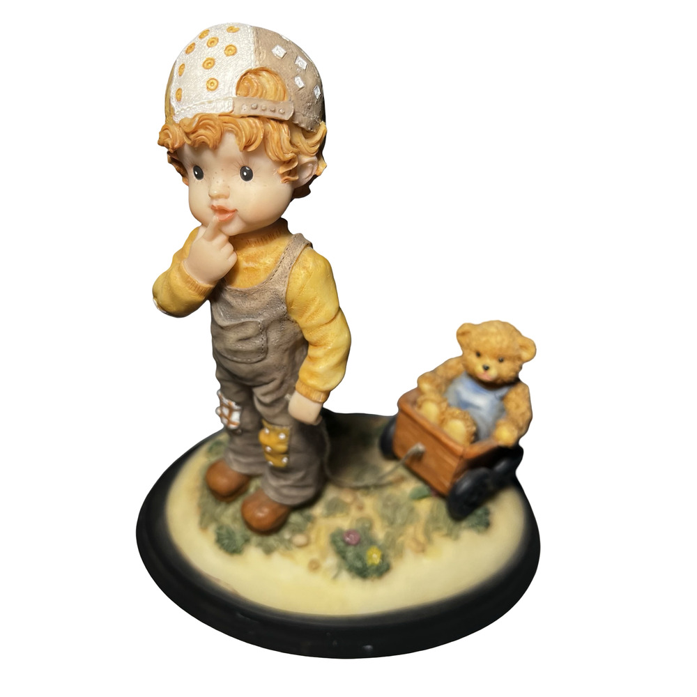 Sarah Kay‎ ANRI Finding Our Way Resin Figurine Boy with Teddy Bear Wagon 89012